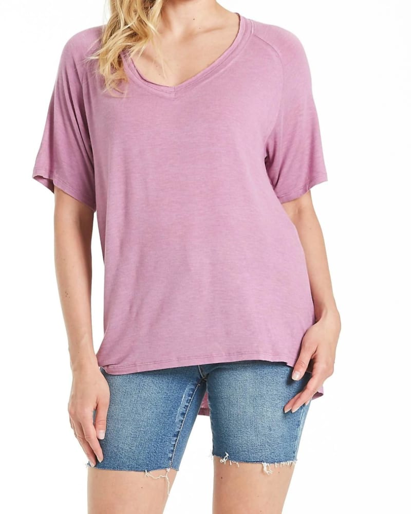 Front of a model wearing a size L Taylor Raglan Sleeve Top in Valarian in Valarian by Another Love. | dia_product_style_image_id:346969